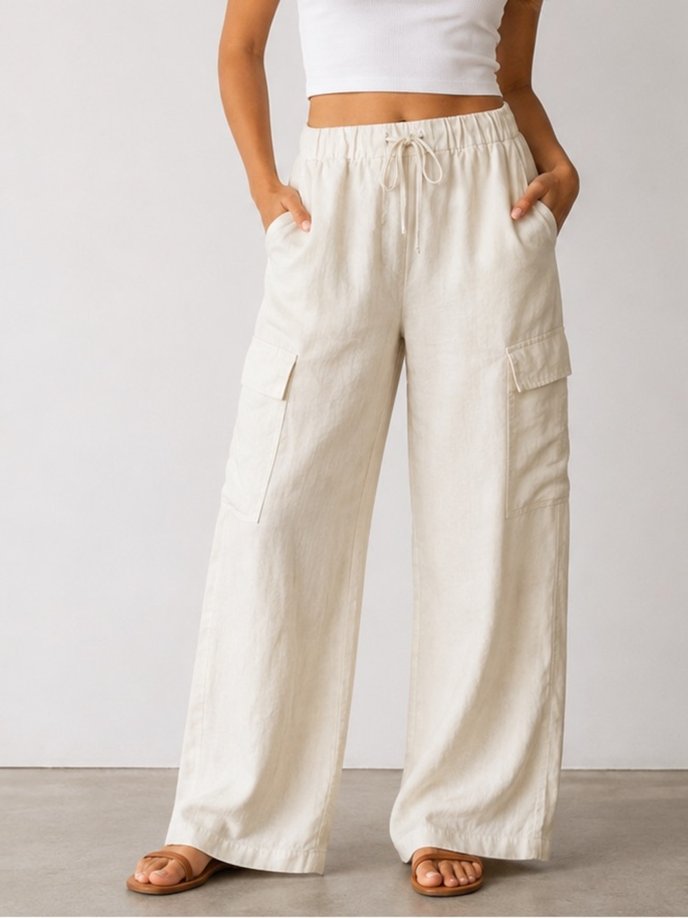 Calvin Klein Ivory Linen Blend Pull On Wide Leg Cargo Pants